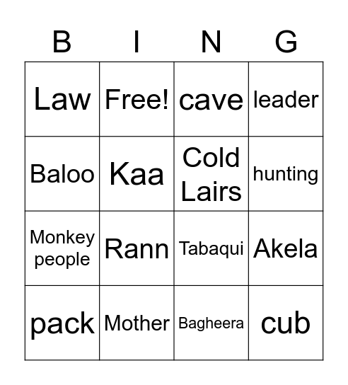 Gr 8 Jungle Book Term 1 Review Bingo Card