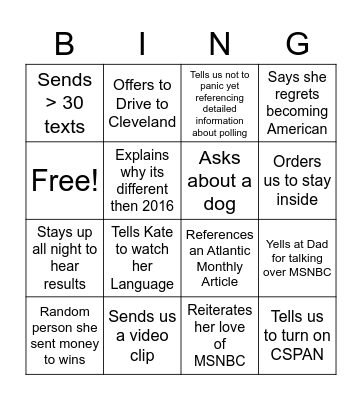 Mom on Election Night Bingo Card