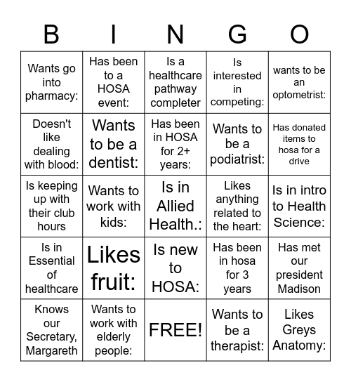HOSA Bingo Card