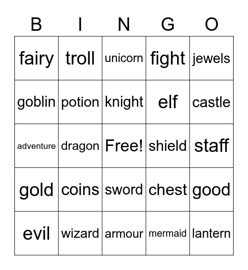 Fantasy Words Bingo Card