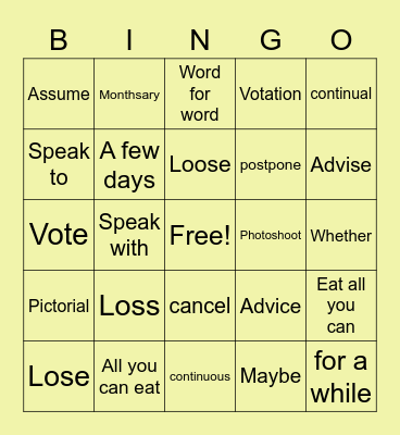 English Grammar Review Bingo Card