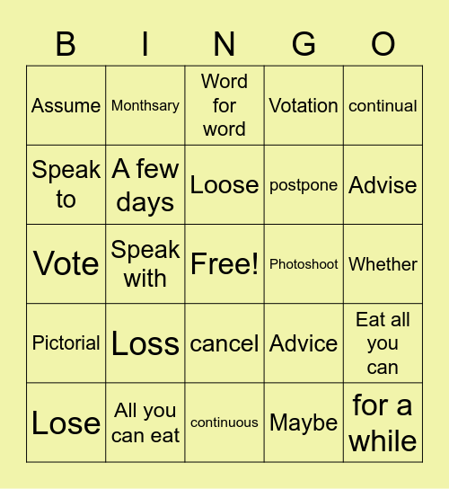 English Grammar Review Bingo Card