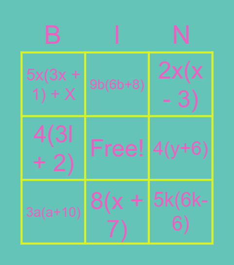 Distributive Property: Binomial Expressions Bingo Card