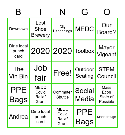 MEDC Founder's Reception 2020 Bingo Card