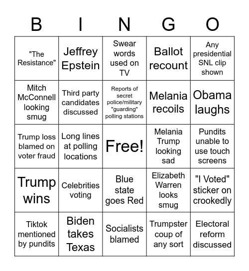 2020 USA General Elections Bingo Card