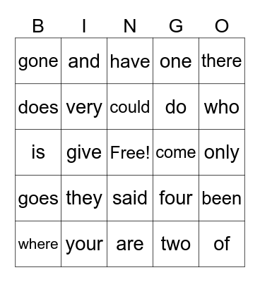 Sight Words Bingo Card