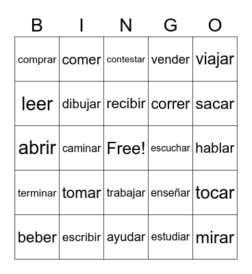 Regular -AR,-ER,-IR verbs Bingo Card