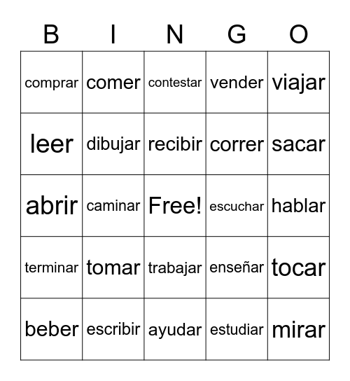 Regular -AR,-ER,-IR verbs Bingo Card