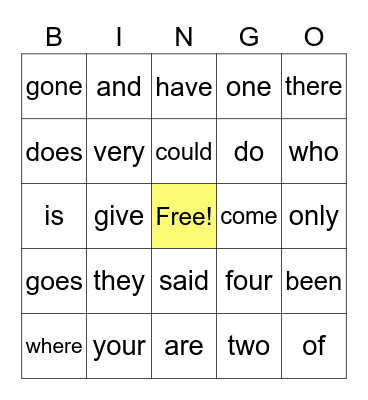 Sight Words Bingo Card