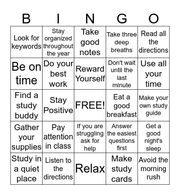STUDY SKILLS AND TEST TAKING TIPS  Bingo Card