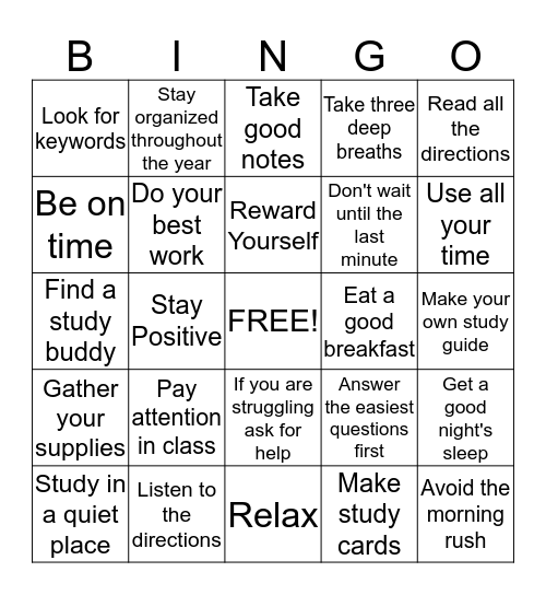 STUDY SKILLS AND TEST TAKING TIPS  Bingo Card