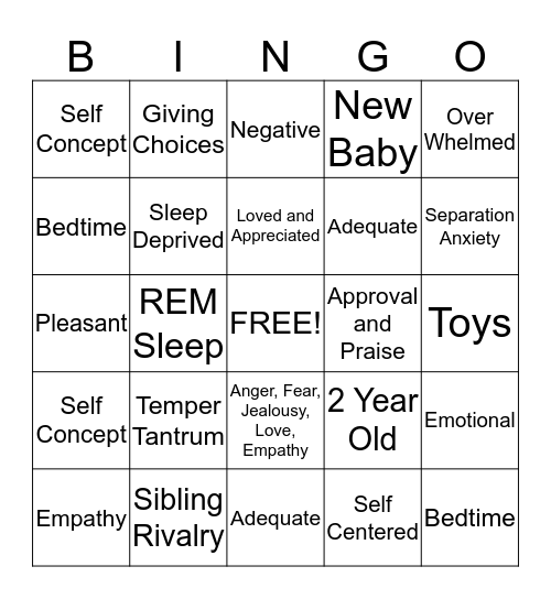 Emotional Development from 1 to 3 Bingo Card
