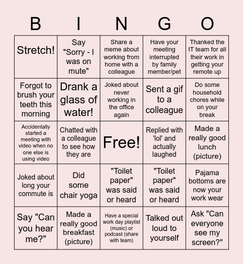 Team Pearl - Work From Home Bingo Card