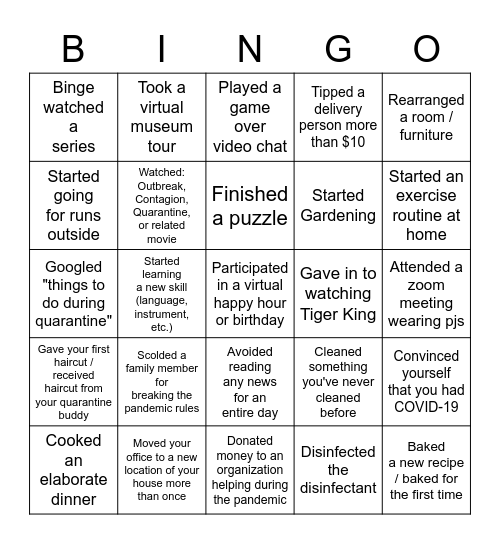 Quarantine Bingo Card