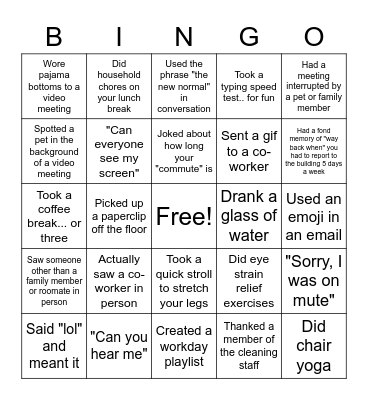 Remote Work Bingo Card