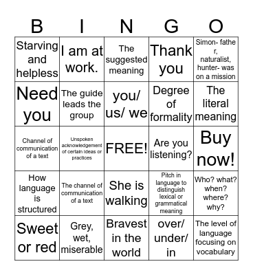 Linguistic terminology  Bingo Card