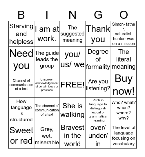 Linguistic terminology  Bingo Card