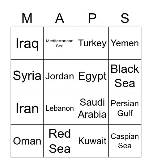 Middle East Map Bingo Card