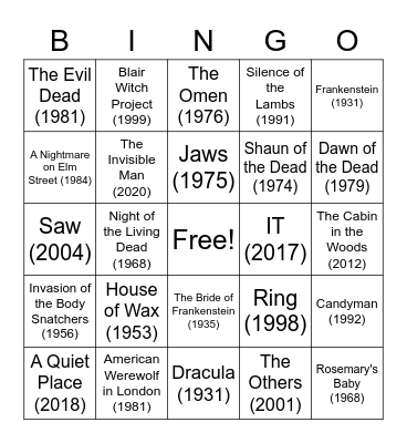 Horror films Bingo Card
