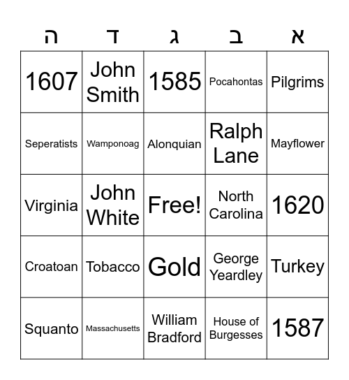 Early English Colonies Bingo Card