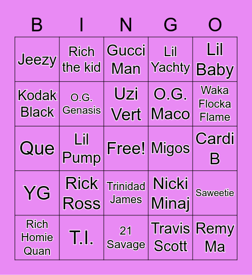 Trap Music Bingo Card