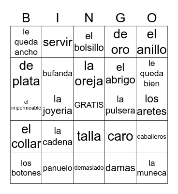 Esp 2 capi 4 las tiendas y la ropa y las joyas Bingo Card