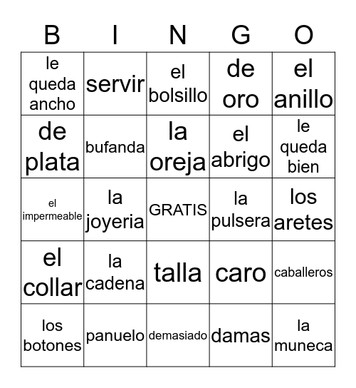Esp 2 capi 4 las tiendas y la ropa y las joyas Bingo Card