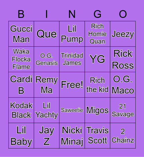 Trap Music Bingo Card