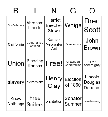 Causes of the Civil War Bingo Card
