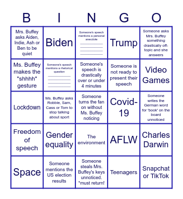 Year 10 English Speeches Bingo Card