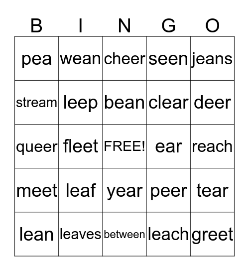 Vowel pairs ea, ee bingo Card