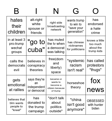 chinese immigrant trump supporter parent bingo Card