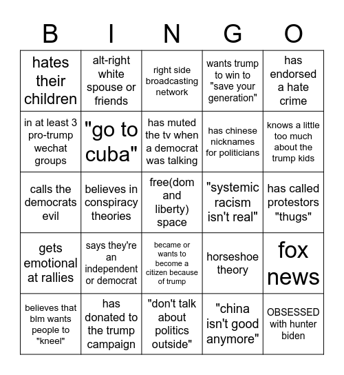 chinese immigrant trump supporter parent bingo Card