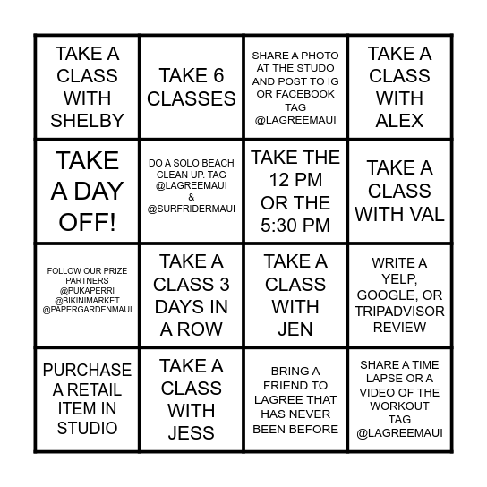 LAGREE MAUI MINI CHALLENGE Bingo Card