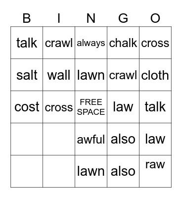 Vowel Sound in "talk" Bingo Card