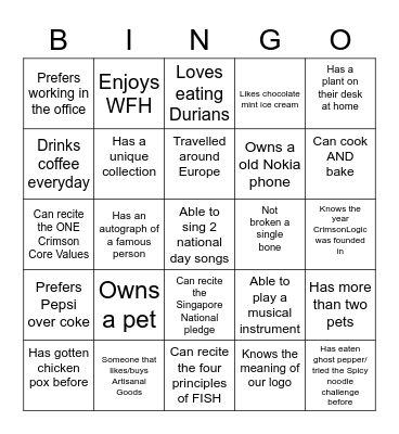 NEO Icebreaker Activity Bingo Card