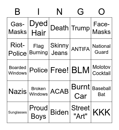 2020 US Election Riot Bingo Card