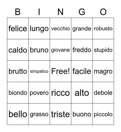 Italian Adjectives - Tombola Bingo Card