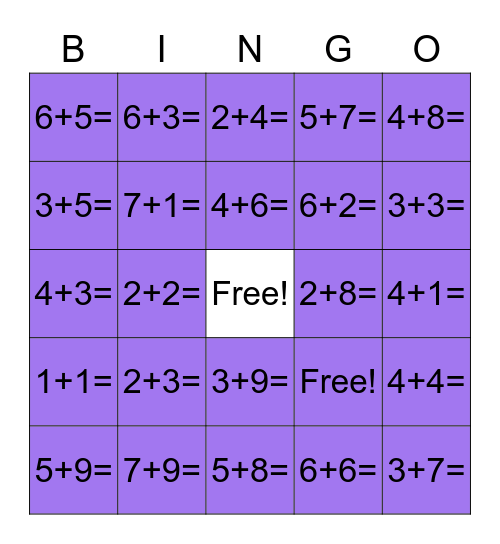 Additions Bingo Card