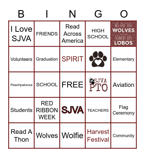 SJVA PTO Bingo Card