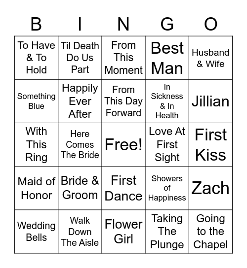 Jillian's Bridal Shower Bingo Card