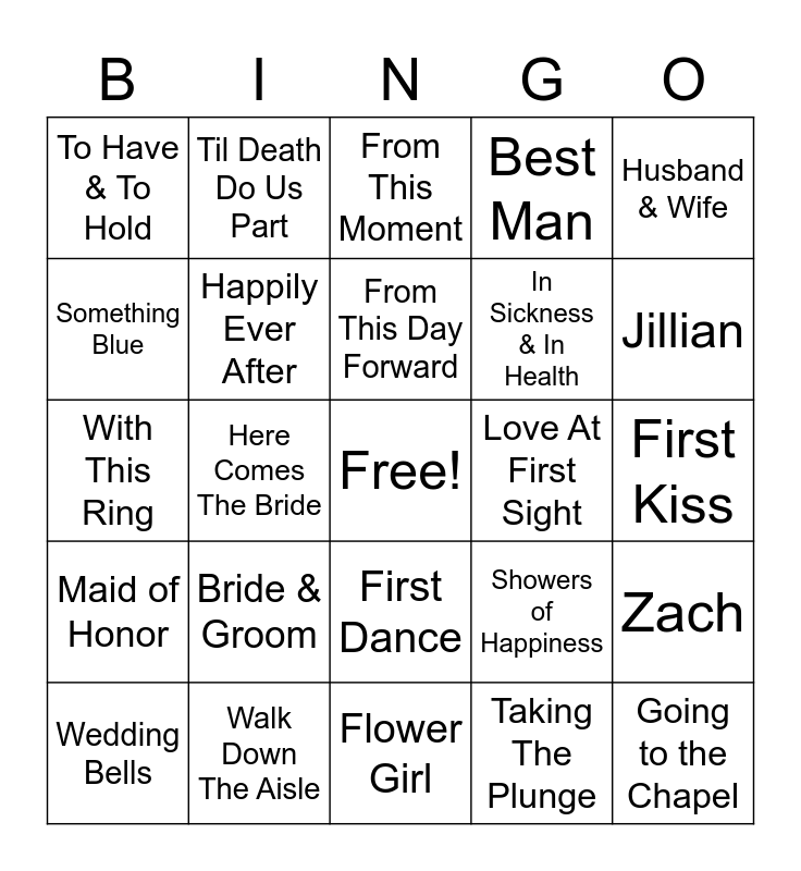 Jillian's Bridal Shower Bingo Card