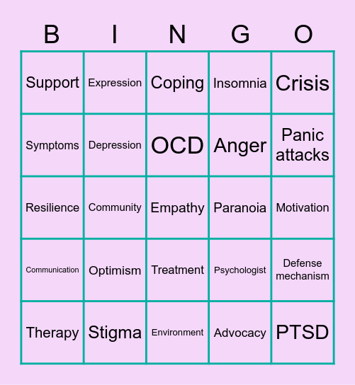 RCL Mental Health Week Bingo Card