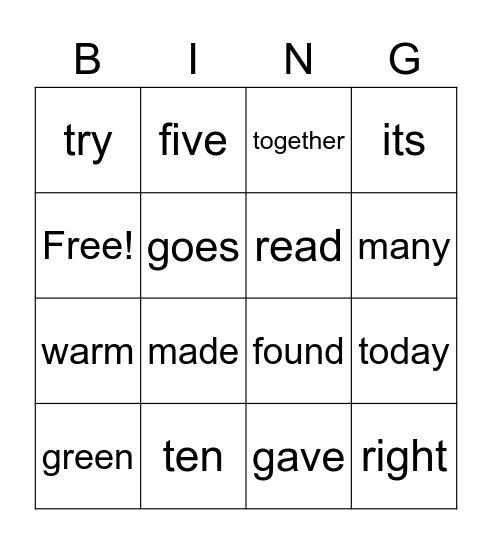 Sight Words Bingo Card