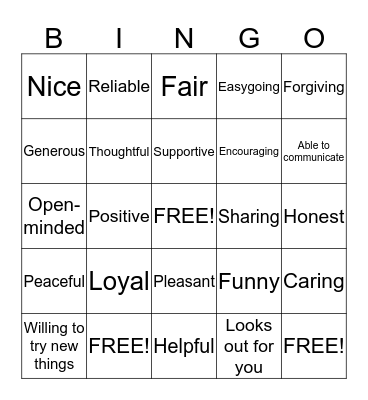 Characteristics of a Friend Bingo Card