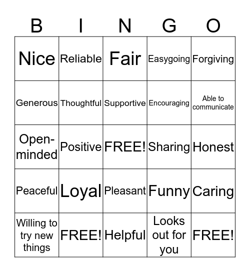Characteristics of a Friend Bingo Card