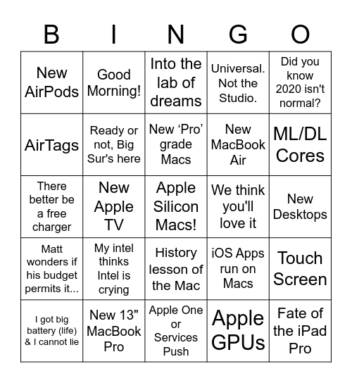 Apple Nov 2020 Bingo Card