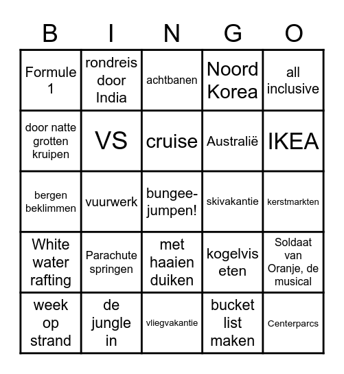 NOT ON MY BUCKET LIST Bingo Card