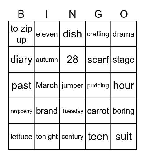 Unit 2 Bingo Card