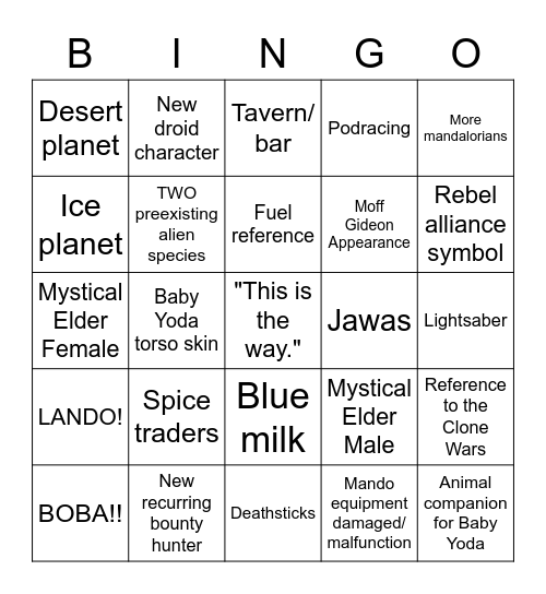 Mandalorian Epiosde 1 Bingo Card